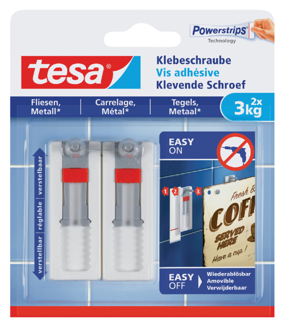 Klevende schroef tesa® tegels & metaal 3kg verstelbaar wit 2 stuks