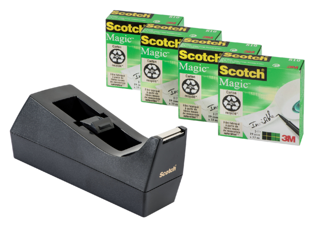 Plakbandhouder Scotch C38 zwart + 4 rollen magic tape 19mmx33m