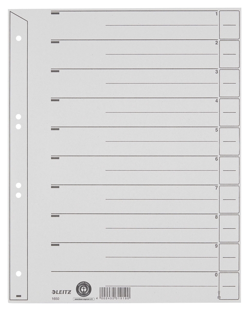 Intercalaires Leitz A4 carton 200g 6 perforations gris 100 pièces