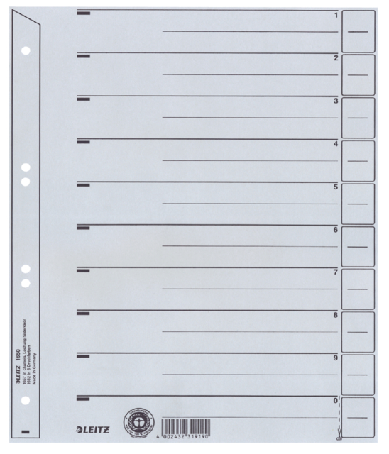 Intercalaires Leitz A4 carton 200g 6 perforations gris 100 pièces