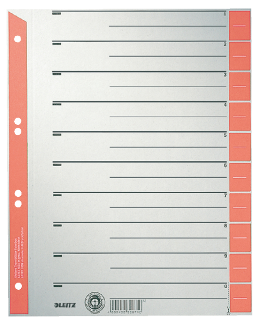 Intercalaires Leitz A4 carton 230g 6 perforations rouge 100 pièces