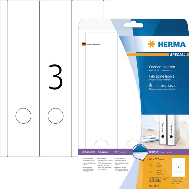 Etiquette dorsale HERMA 5135 Large/Longue 61x297mm adhésive blanc