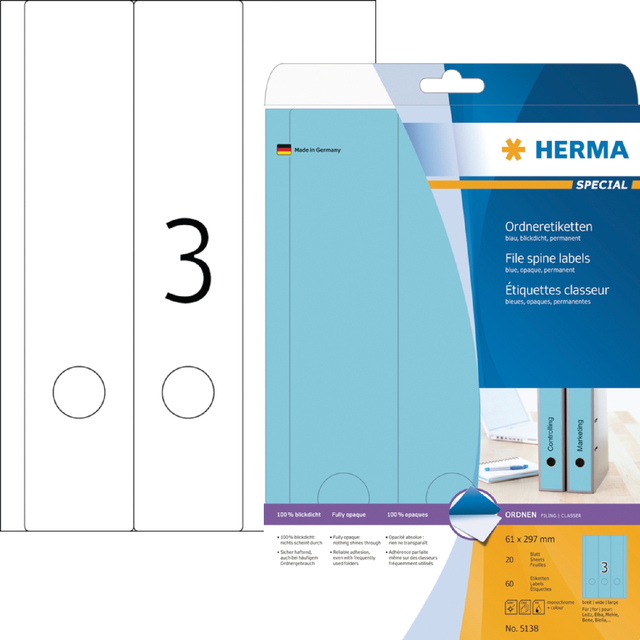 Etiquette dorsale HERMA 5138 Large/longue 61x297mm adhésive bleu