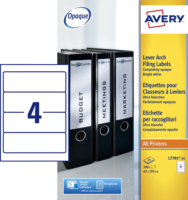 Etiquette dorsale Avery Large 62x192mm adhésive blanc 25 feuilles