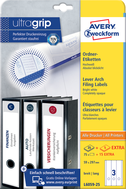 Etiquette dorsale Avery Large/longue 59x297mm adhésive blanc