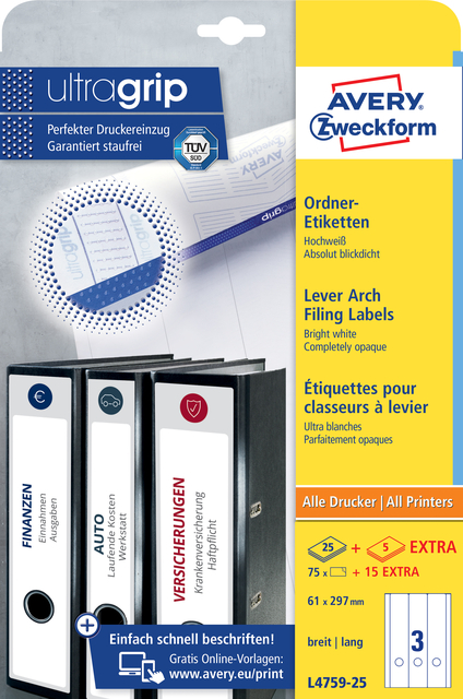 Étiquette dorsale Avery 61x297mm Large/Longue adhésive blanc