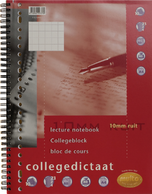 Bloc de cours Multo A4 carreau 10x10mm 23 perf 160 pages 80g blanc