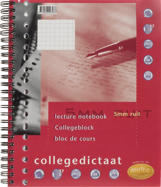 Bloc de cours Multo A5 carreau 5x5mm 17 perf 160 pages 80g blanc