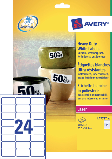 Etiquette film Avery L4773-20 63,5x33,9mm polyester blanc 480 pièces
