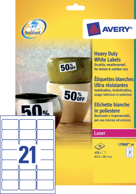 Etiquette Avery L7060-20 63,5x38,1mm polyester blanc 420 pièces