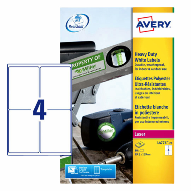 Etiquette Avery L4774-20 99,1x139mm polyester blanc 80 pièces