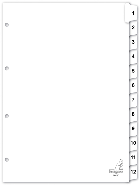 Intercalaires Kangaro PK412C A4 4 perforations numéro 1-12 carton blanc