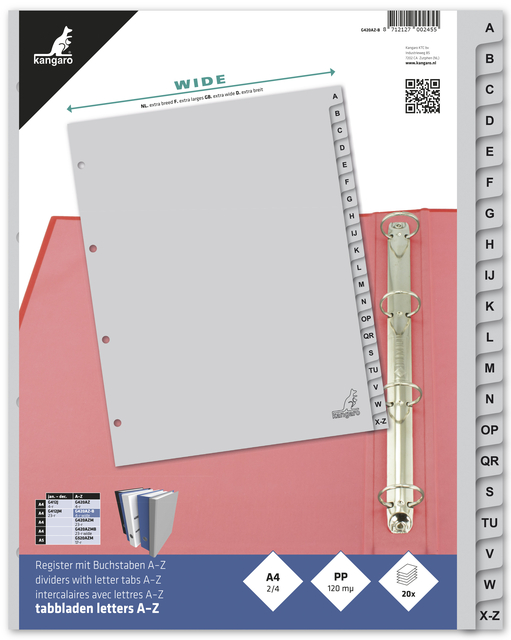 Tabbladen Kangaro A4 4-gaats 20-delig A-Z breed PP grijs