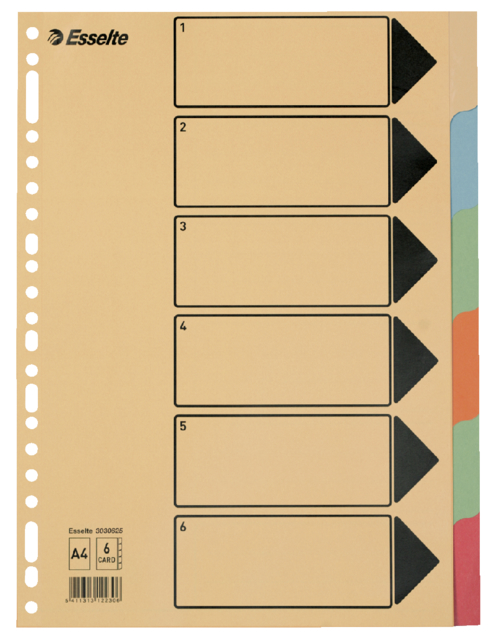 Intercalaire Esselte Premium A4 6 onglets 23 perf carton assorti