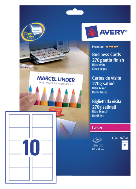 Carte de visite Avery C3026-25 2-faces 270g 250 pièces