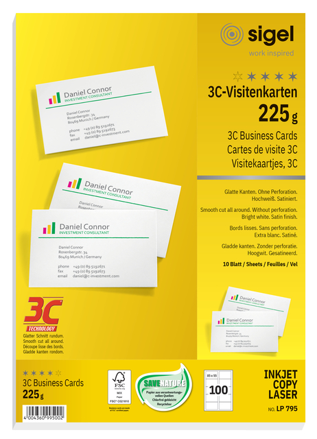 Cartes de visite Sigel 85x55mm 225g bords lisses blanc 100 pièces