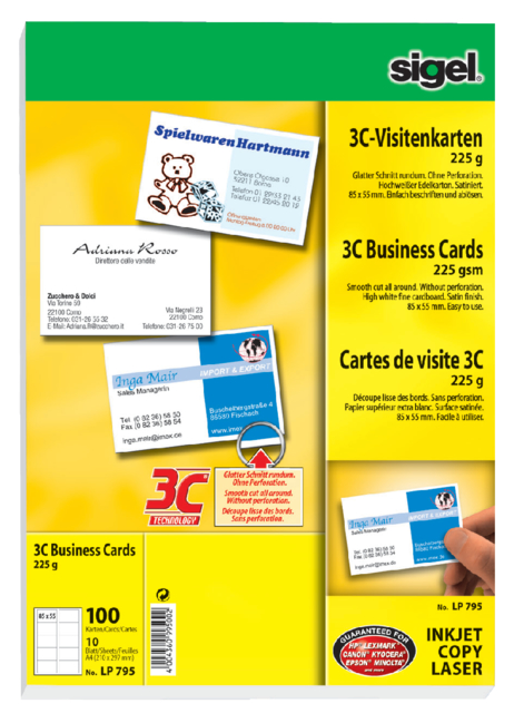 Cartes de visite Sigel 85x55mm 225g bords lisses blanc 100 pièces