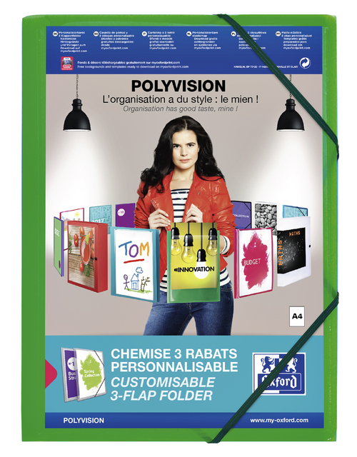 Chemise à élastique Oxford Polyvision A4 pochette d'insertion 3 rabats PP vert