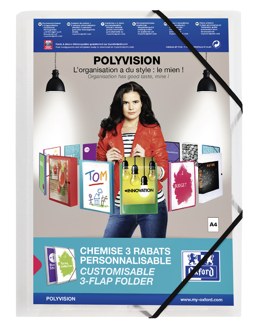 Chemise à élastique Oxford Polyvision A4 pochette d'insertion 3 rabats PP transparent