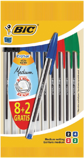 Balpen Bic Cristal medium assorti zakje à 8+2 gratis