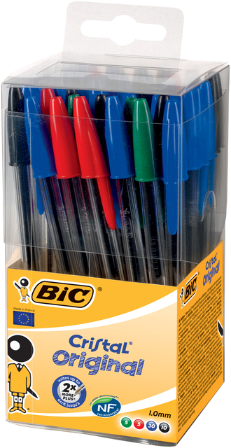 Stylo bille BIC Cristal Medium assorti boîte transparente