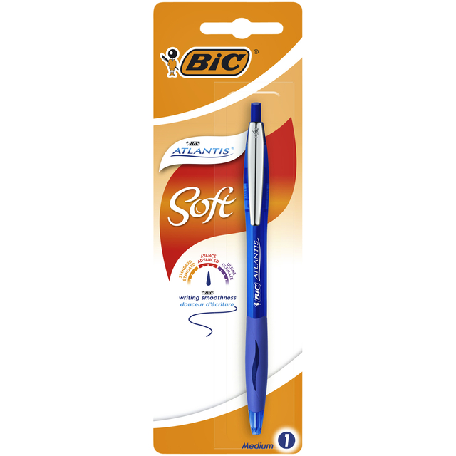 Balpen Bic Atlantis soft metalen clip clic medium blauw bister à 1st