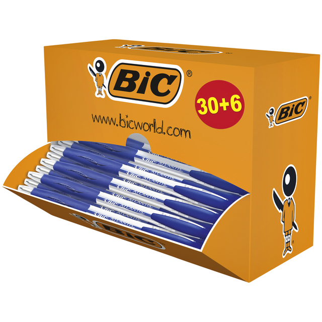 Balpen Bic Atlantis classic grip clic M blauw valuepack 30+6 gratis