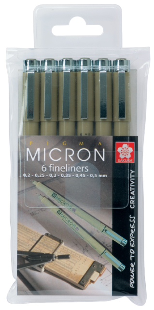 Fineliner Sakura pigma micron set 6stuks zwart