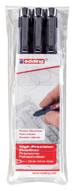 Fineliner edding 1800 noir assorti 0,25-0,35-0,5mm set 3 pièces