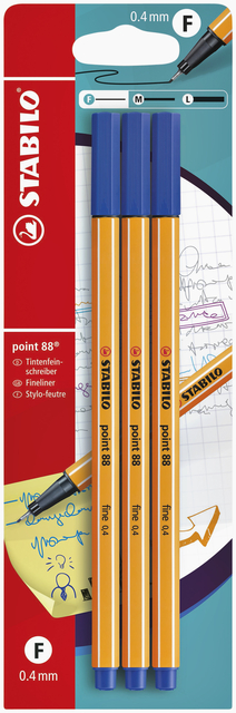 Fineliner STABILO Point 88 blister 3 pièces bleu