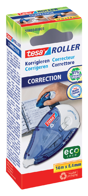 Correctietape tesa® ecoLogo® 8,4mmx14m navulbaar hangdoosje