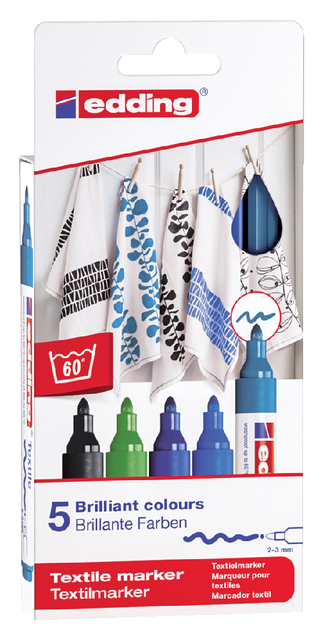 Marqueur Textile edding 4500 ogive 2-3mm couleurs froides assorti 5 pièces