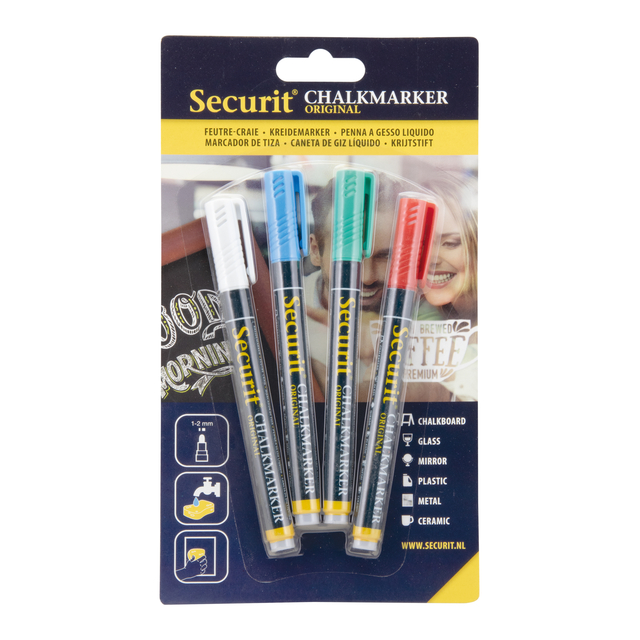 Krijtstift Securit SMA-100 rond 1-2mm wit/blauw/groen/rood blister à 4 stuks