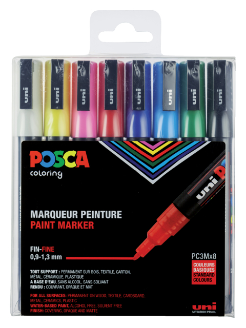 Verfstift Posca PC3M fijn assorti set à 8 stuks