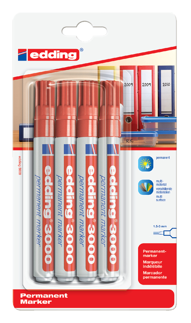 Marqueur edding 3000 ogive 1,5-3mm rouge blister 4pcs