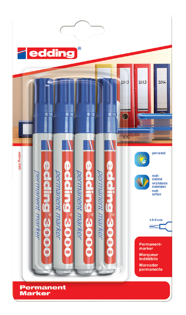 Marqueur edding 3000 ogive 1,5-3mm bleu blister 4pcs