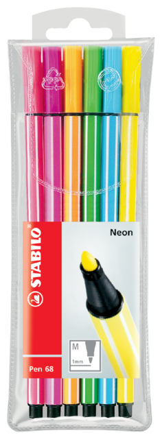 Viltstift STABILO Pen 68 medium fluor assorti etui à 6 stuks