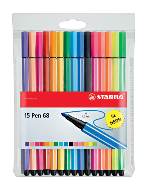 Viltstift STABILO Pen 68/15 medium assorti etui à 10+5 neon kleuren