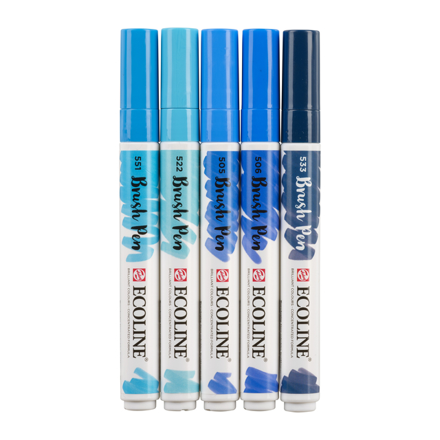 Brushpen Talens Ecoline set à 5 stuks blauw