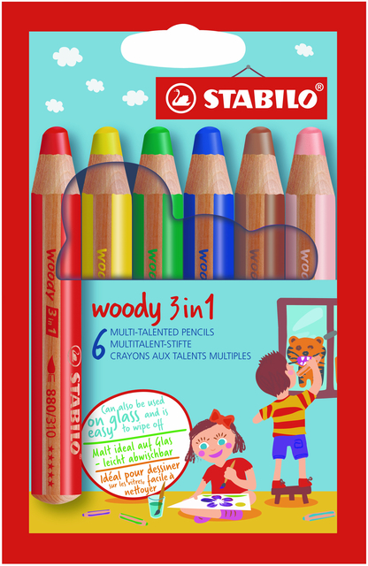 Crayons de couleur STABILO 880 Woody 3-en-1 assorti étui 6 pièces