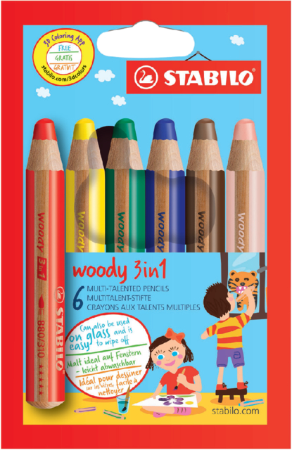 Kleurpotloden STABILO 880 woody 3 in 1 assorti etui à 6 stuks