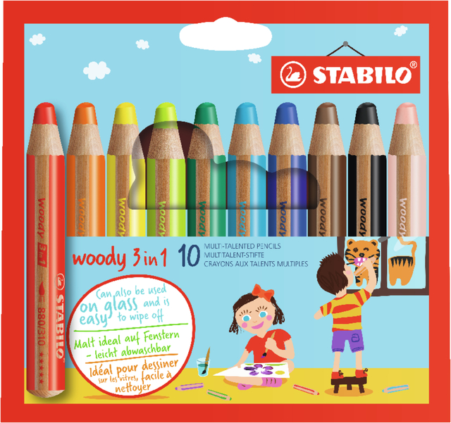 Crayons de couleur STABILO 880 Woody 3-en-1 assorti étui 10 pièces