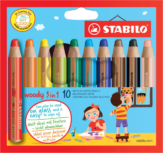 Kleurpotloden STABILO 880 woody 3 in 1 assorti etui à 10 stuks