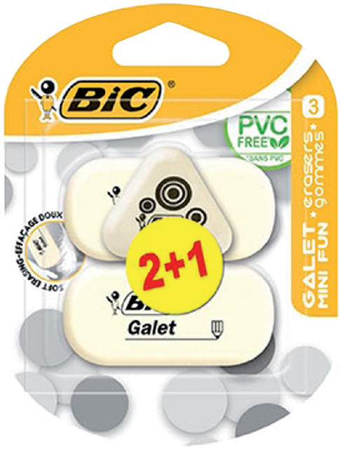 Gomme crayon BIC galet PVC tendre blanc 3 pièces