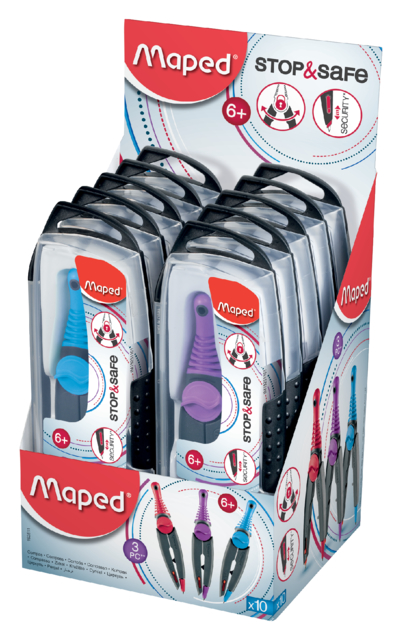 Compas Maped Stop & Safe 3 parties présentoir 10 pièces assorti