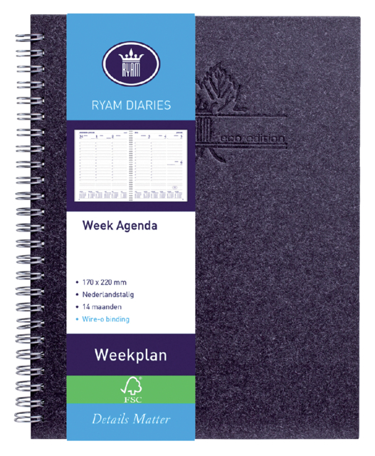 Agenda 2025 Ryam Weekplan Wire-o 7dagen/2pagina's zwart