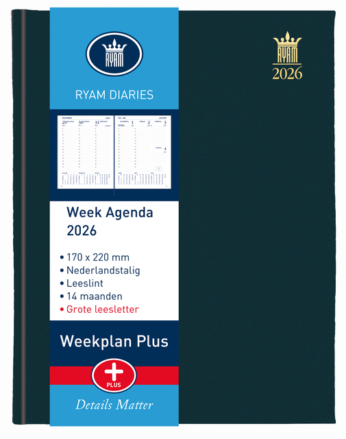 Agenda 2026 Ryam Weekplan Plus Mundior Mercury grand caractère 7 jours/2 pages noir