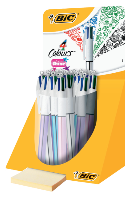 Balpen Bic 4kleuren shine medium zilver/paars/roze/blauw