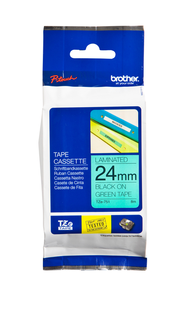 Ruban de lettrage Brother P-Touch TZe-751 standard 24mm noir sur vert