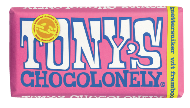 Chocolade Tony's Chocolonely wit framboos knettersuiker reep 180gr